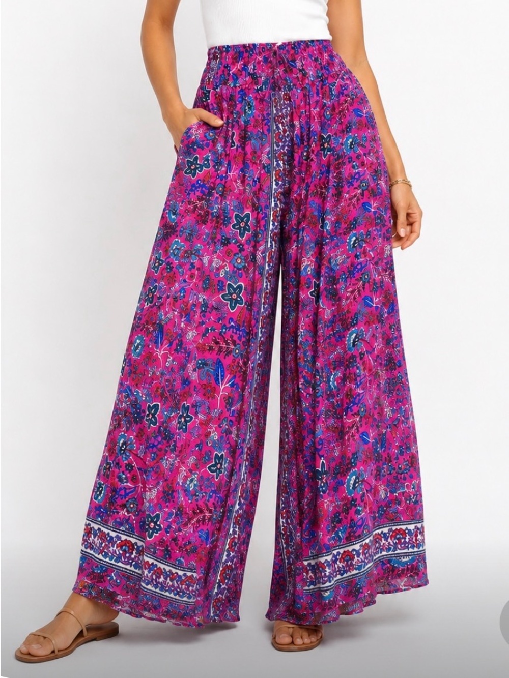 Rhea Bohemian Floral Wide Leg Pants in Pink with Smocked Waist NWT